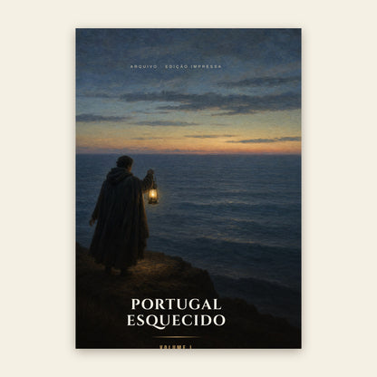 Capa do livro Portugal Esquecido, Volume I: pintura a óleo de uma figura sozinha, de costas, com uma lanterna na mão, à beira de uma falésia atlântica ao anoitecer.