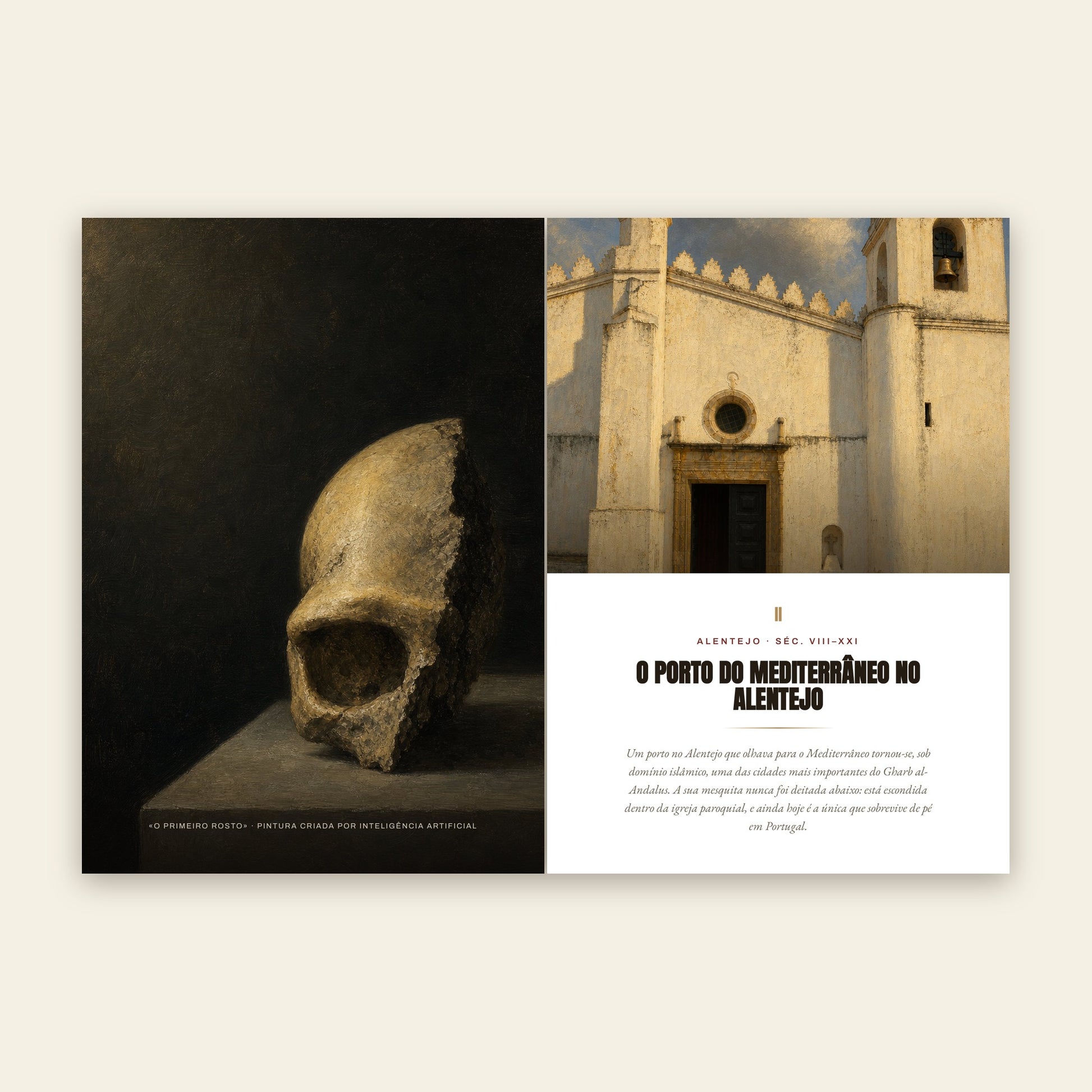 Duas páginas do livro: à esquerda, a pintura de página inteira do crânio da Aroeira; à direita, a abertura do capítulo sobre Mértola.